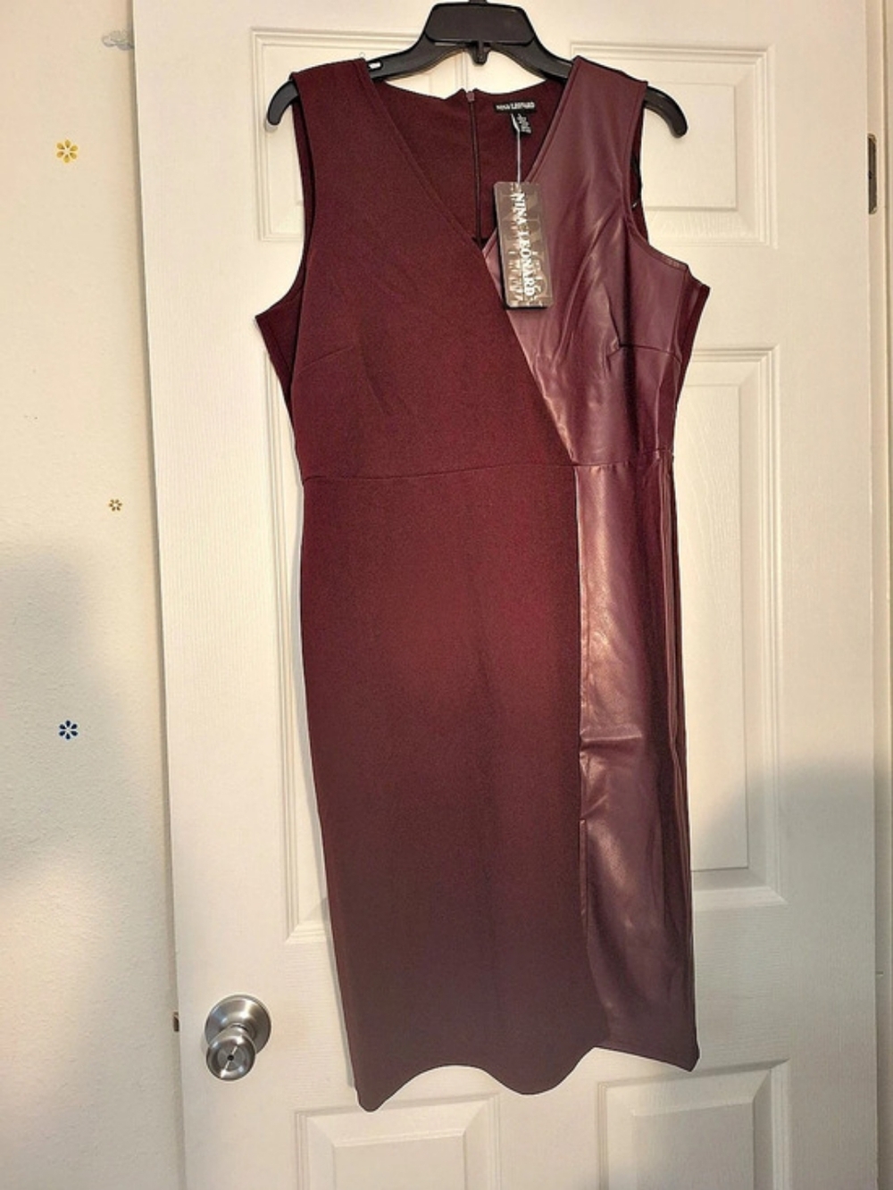 Nina Leonard Mixed Media Sleeveless Sheath Midi Dress Burgundy Size L